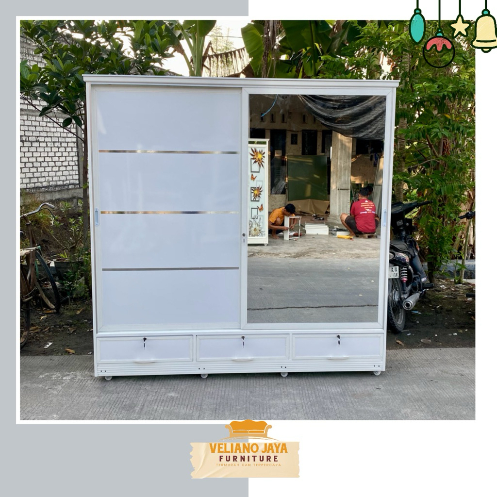 Lemari 2 Pintu Sleding + 3 Laci Jumbo // Bahan Alumunium Kaca & Acp