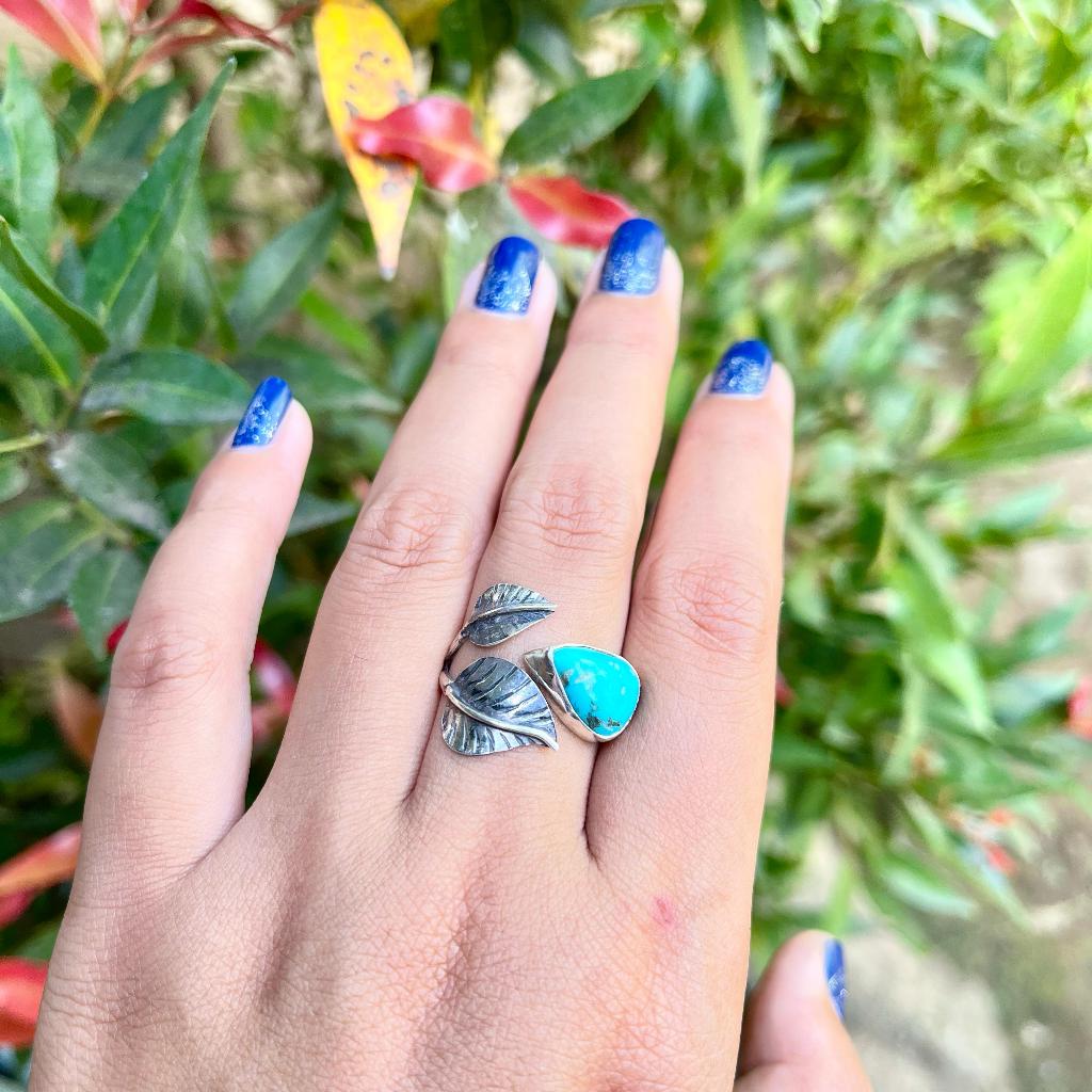 Cincin Rings Motif Daun Batu Permata Turquise Perak Silver Asli 925 Pria Wanita Perempuan Costum