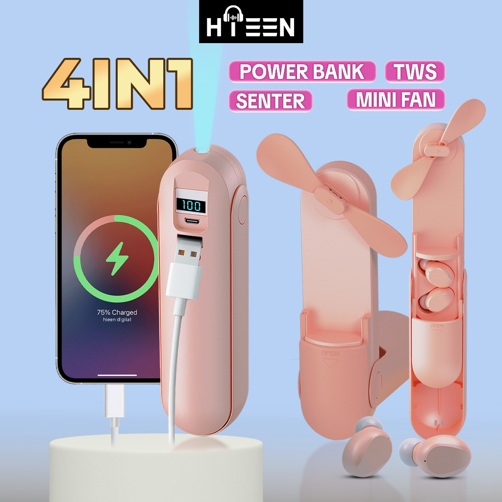 【24H SHIP】Hieen TWS Bluetooth Earphone with Mini Fan Dan Flashlight Dan PowerBank 2000Mah Headset LE