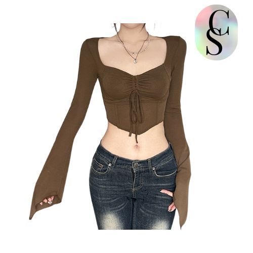 CANDYSSHOP Baju Atasan Sexy Square Neck Asymetric Long Sleeve Crop Top Korea Lengan Panjang BJ1555