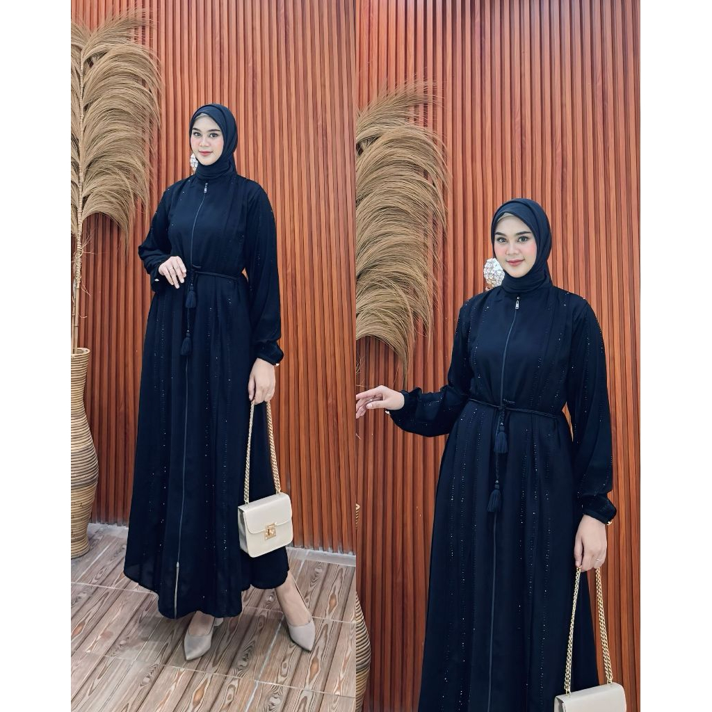 GAMIS ABAYA TURKEY JETBLACK RESLETING FULL HITAM KENCANA