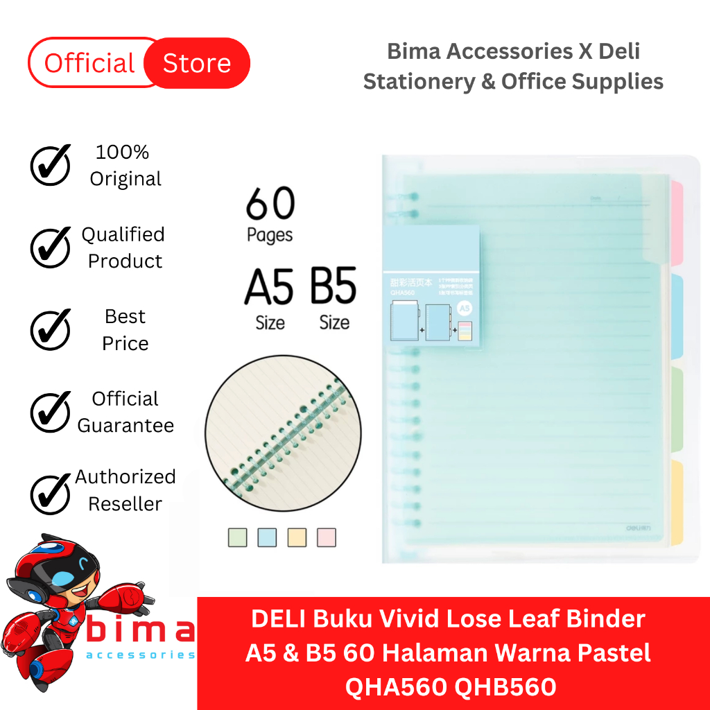 

DELI Buku Binder A5 B5 Lose Loose Leaf Vivid Book Tulis Gratis Kertas 60 Halaman QHA560 QHB560