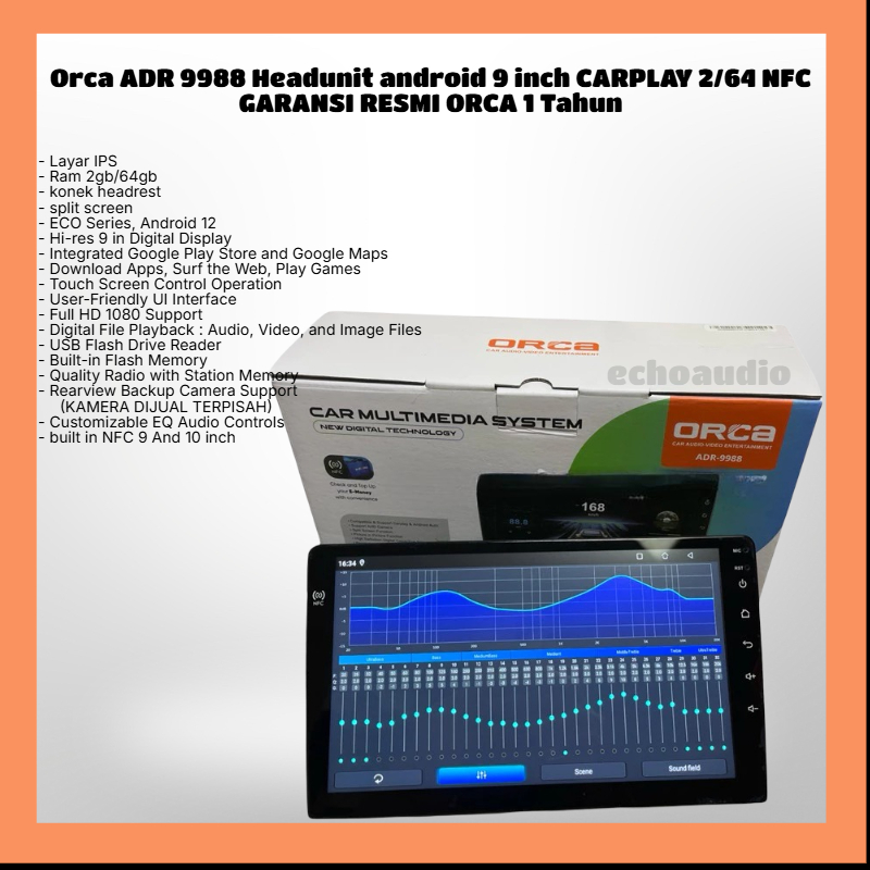 Orca ADR 9988 Headunit android 9 inch CARPLAY 2/64 NFC GARANSI RESMI ORCA 1 Tahun