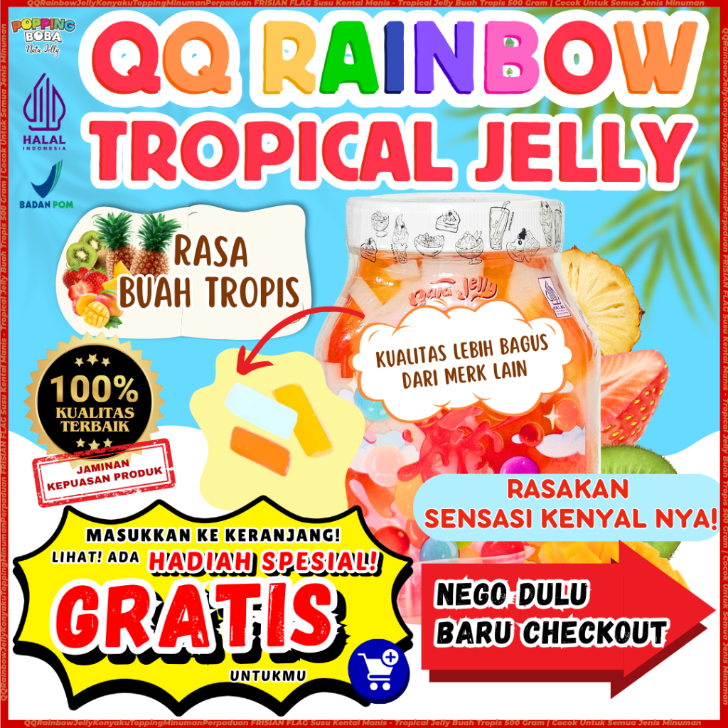 

QQRainbowJellyKonyakuToppingMinumanPerpaduan FRISIAN FLAG Susu Kental Manis - Tropical Jelly Buah Tropis 500 Gram | Cocok Untuk Semua Jenis Minuman