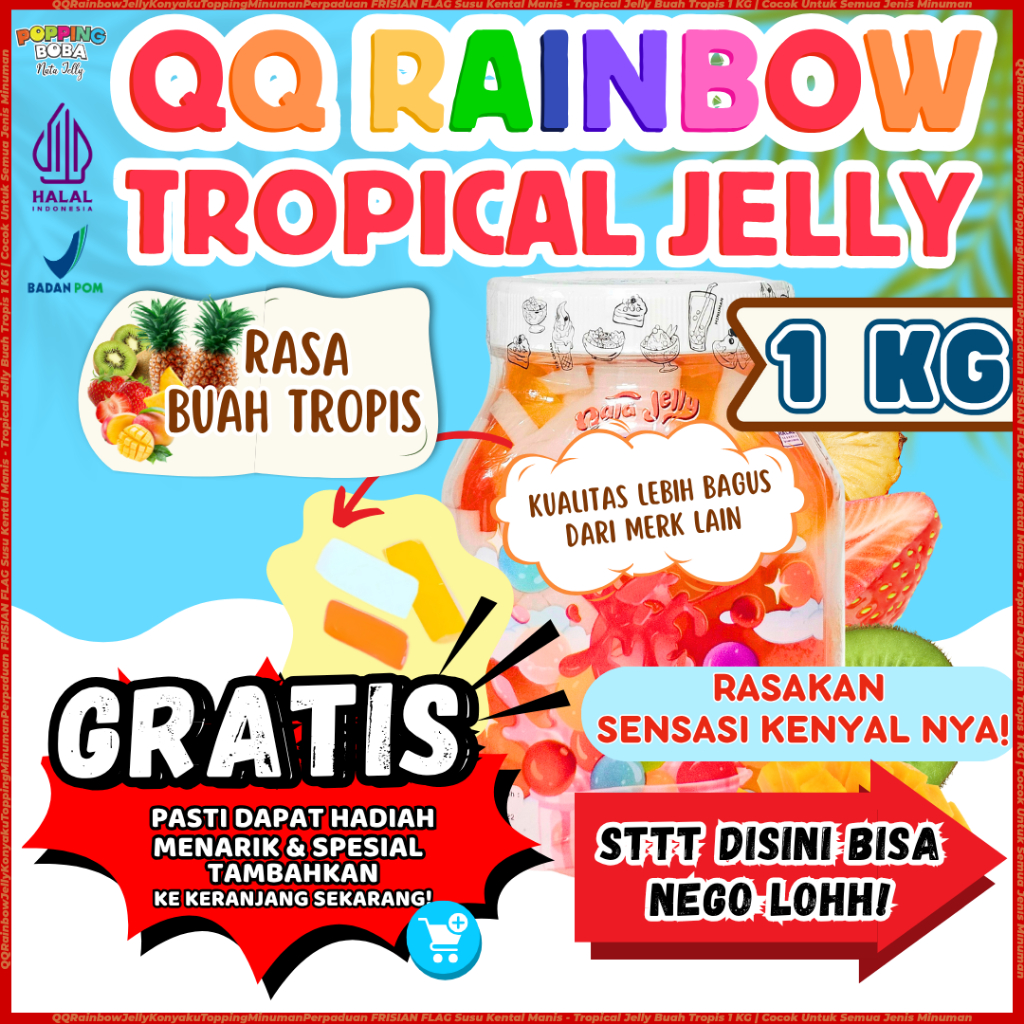 

QQRainbowJellyKonyakuToppingMinumanPerpaduan FRISIAN FLAG Susu Kental Manis - Tropical Jelly Buah Tropis 1 KG | Cocok Untuk Semua Jenis Minuman