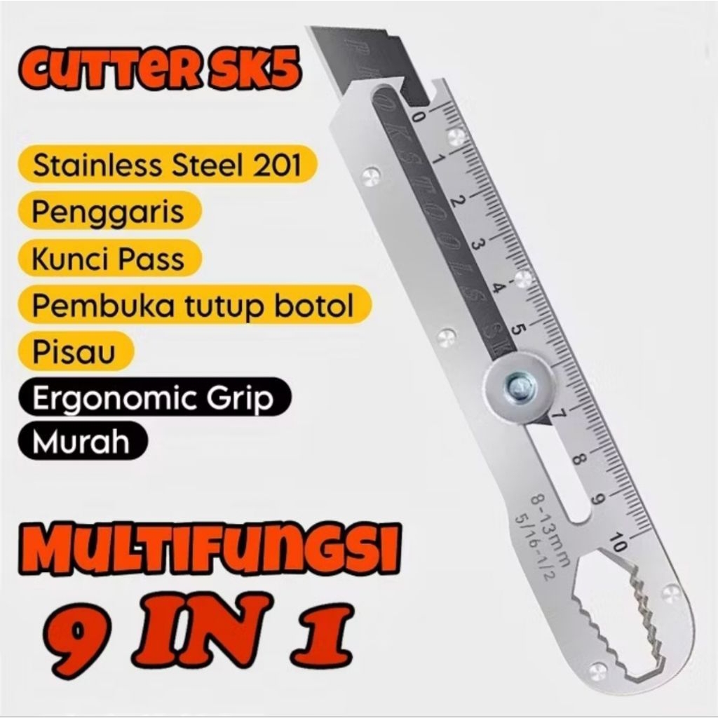 

Cutter Karter Penggaris 10 cm 9 in 1 Stainless Pisau Potong dan Alat Buka Tutup Botol