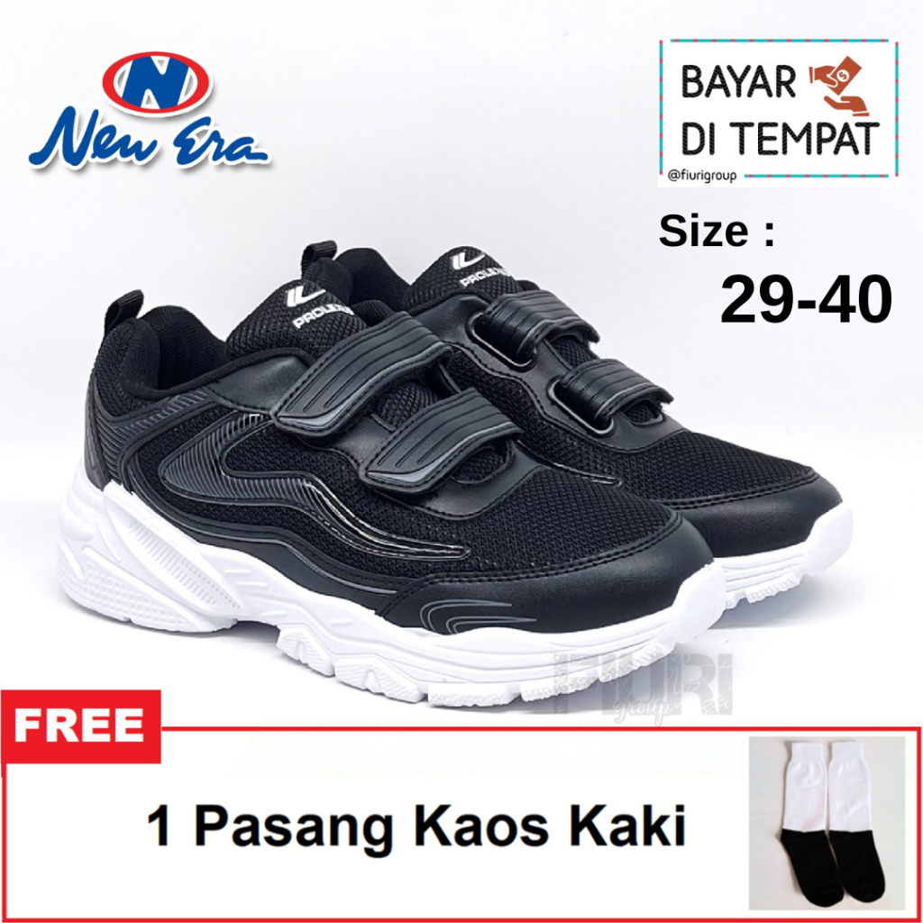 FIURI - NEW ERA ORIGINAL - LILY PEREKAT 29-40 HITAM PUTIH - SNEAKERS PEREKAT KANVAS SOL KARET ANAK P