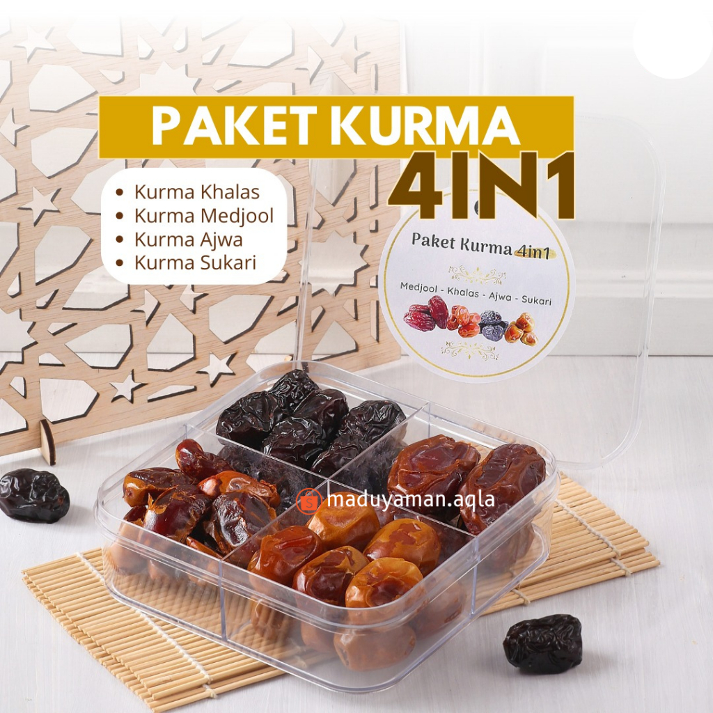 

Paket Kurma 4 In 1 (Kurma Ajwa Madinah, Kurma Medjool Palestine, Kurma Sukari, Kurma Khalas) Paket Hemat Cemilan Sehat Kurma Nabi Kurma Medjol Kurma Sukkari Camilan Sehat Kurma AQLA
