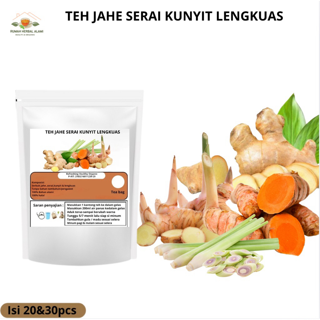 

TEH CELUP HERBAL JAHE SERAI KUNYIT LENGKUAS|Gingger|Lemongrass|Turmeric|Galangal (mengurangi kadar gula darah & menjaga kesehatan jantung )isi 20&30pcs Tea Bag