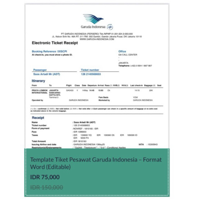 Template Tiket Pesawat Garuda Indonesia – Format Word (Editable)
