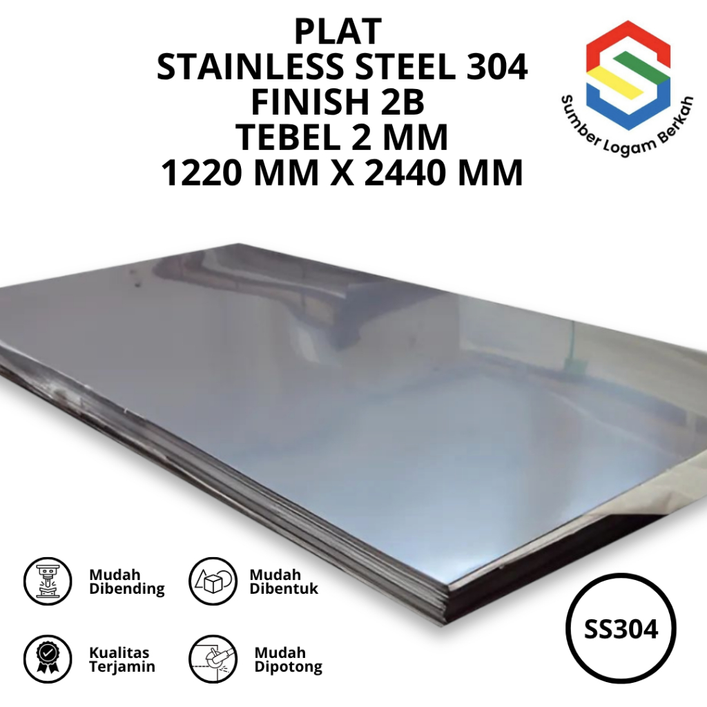 Plat stainless steel lembaran tebel 2 mm x 1220 mm x 2440 mm finish 2b 304