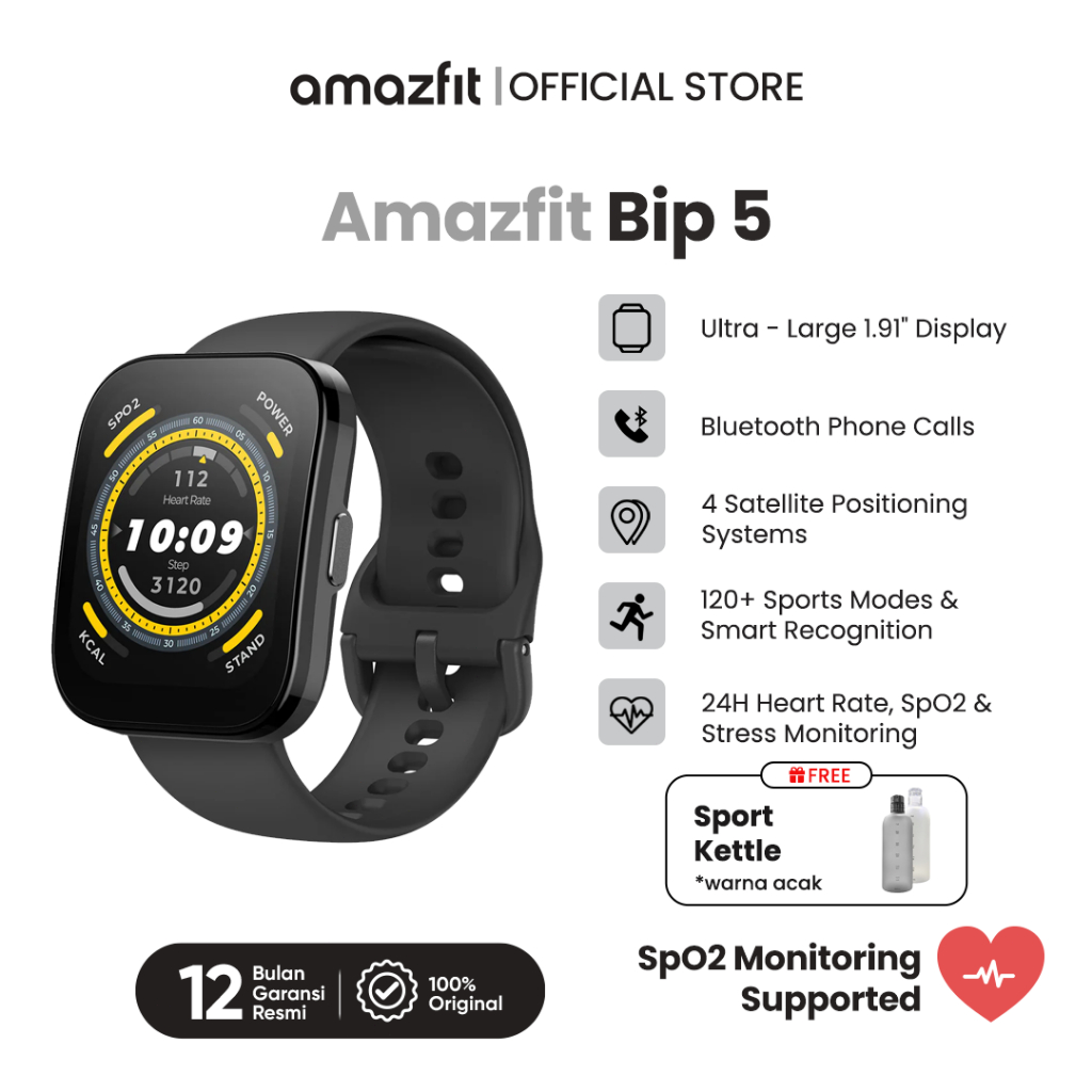 (Pilihan Resmi gratis 2 hadiah)Amazfit Official Bip 5 46mm Smartwatch 1.91”LCD Display GPS Smart Wat