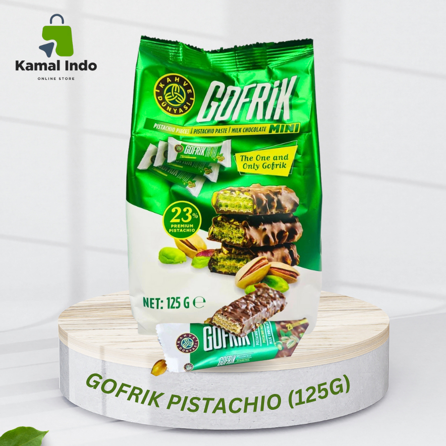 

Gofrik Pistachio Halal Berlapis Coklat 125g 10 pcs 125g Batangan Pistachio Snack