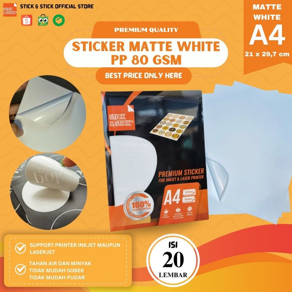 

Sticker Matte White PP 80 Gsm A4 Isi 20 Lbr / Label Promosi, Anti Air, Bisa Printer Inkjet & Laser