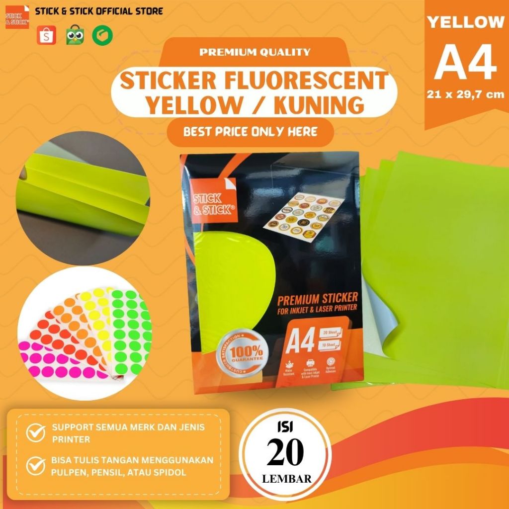 

Sticker Fluorescent Yellow 70 gsm A4 20 Lbr / Stiker peringatan, Warna lebih nyala, stiker branding