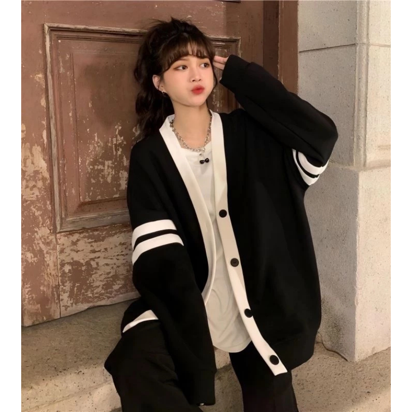 GEGOO>>>Cardigan Big Size ( S - 6XL ) Jacket CARDI BASIC POLOS kombinasi Lis Strip Korean Ulzzang Fa