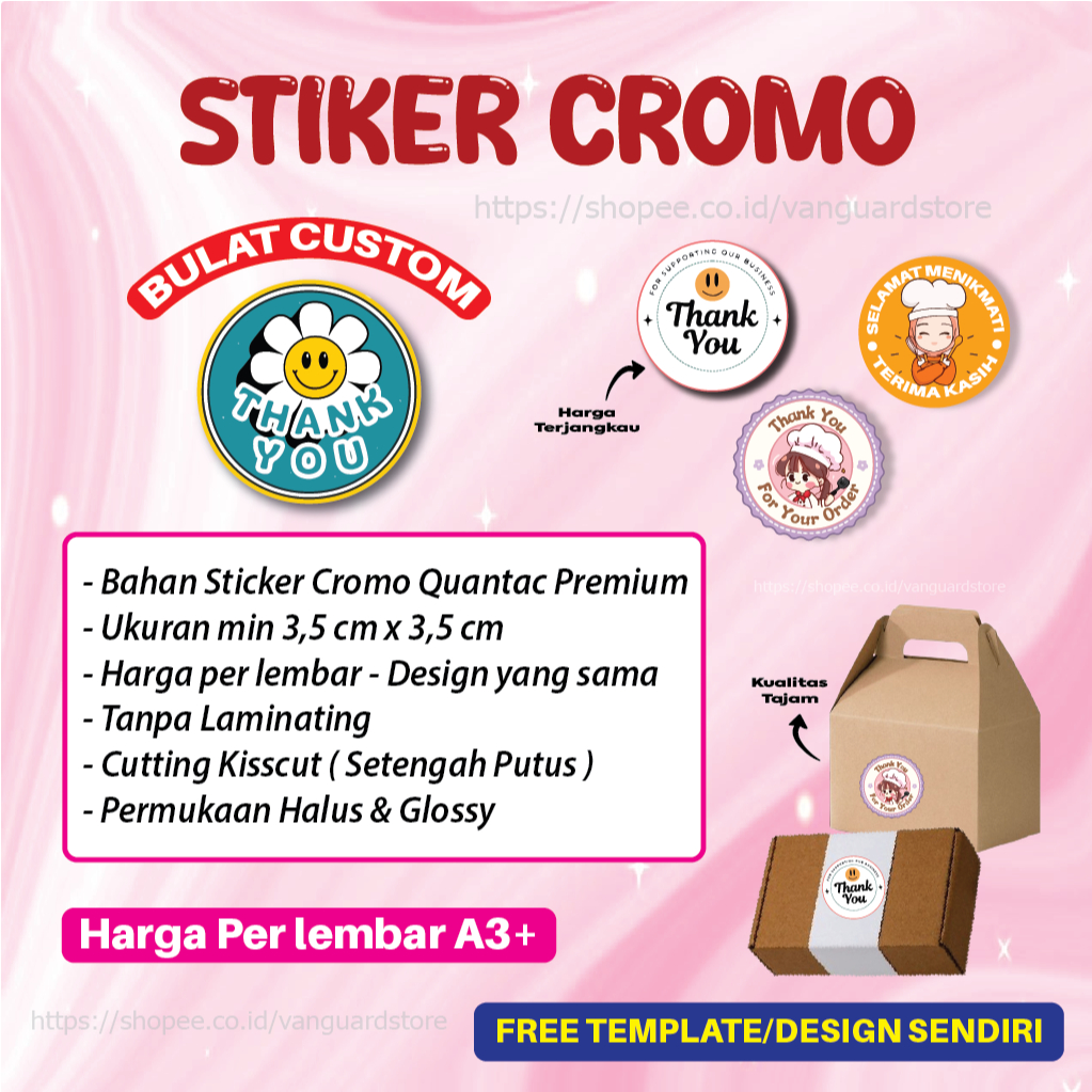

Cetak Stiker Cromo Bulat Logo Label Makanan Custom Chromo A3+ Print Sticker Thank You Card Lingkaran
