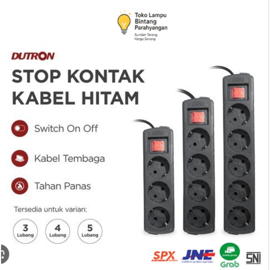 Stop kontak kabel Hitam 5Meter Dutron 3 Lubang 4 Lubang 5 Lubang SNI Tembaga
