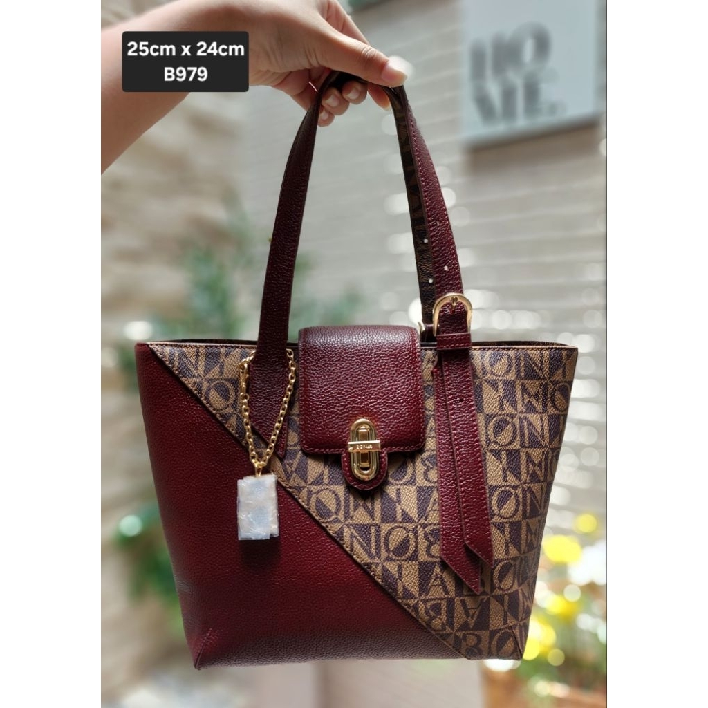 Tote bag monogram mix maroon Bonia ori sz kecil