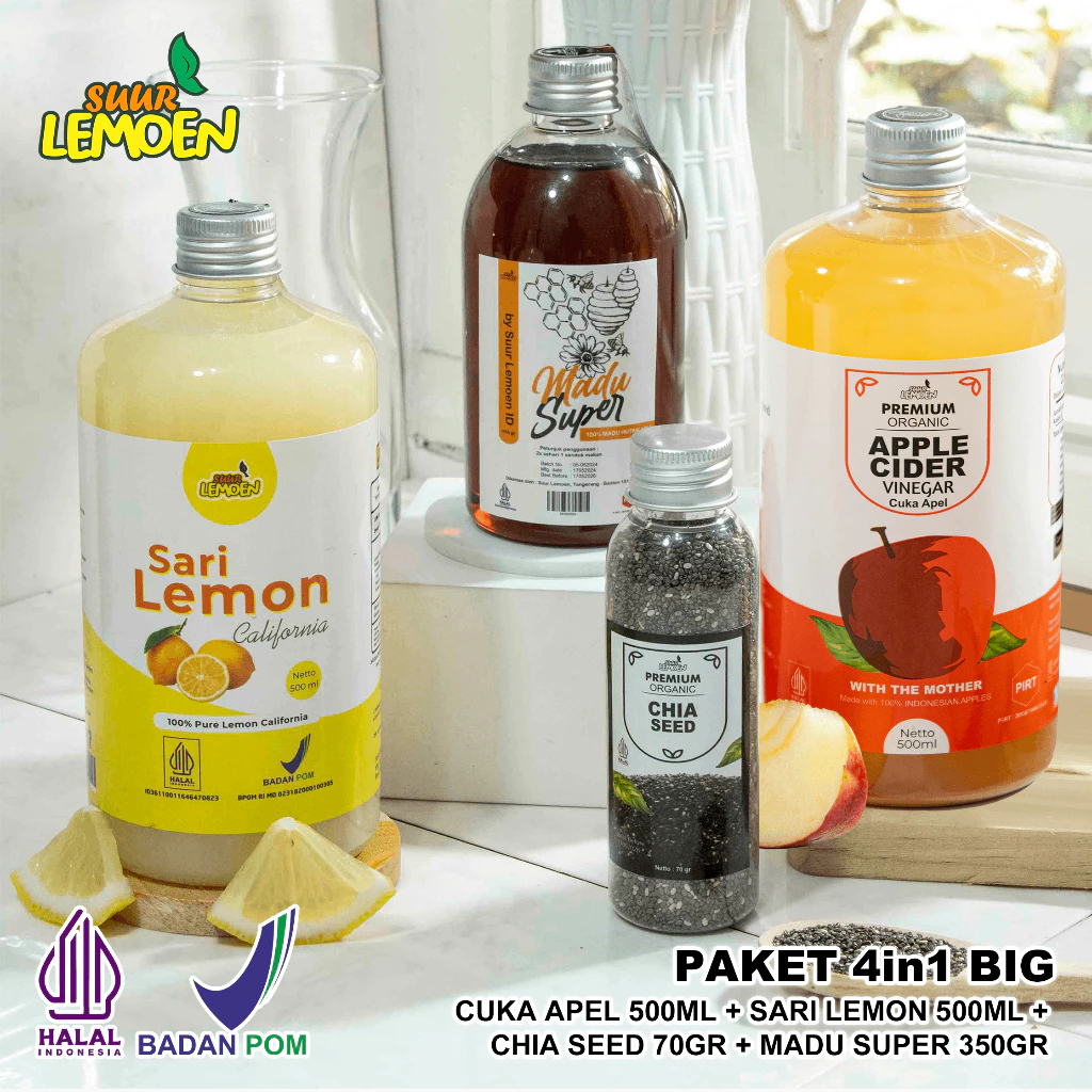 

Suur Lemoen Paket 4in1 Big - Cuka Apel 500ml , Sari Lemon 500ml, Chia Seed 70 gr, Madu Hutan 350 gr