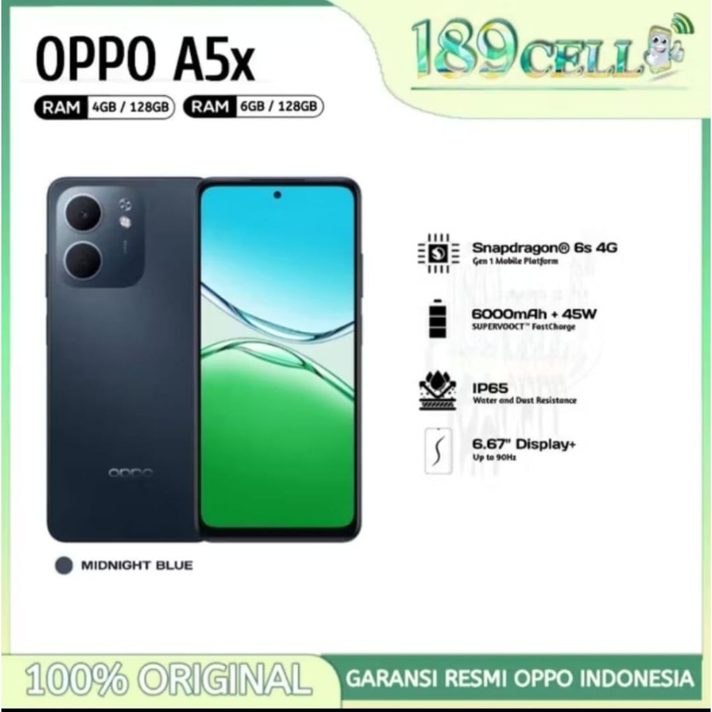 Oppo A5x Ram 4/128 second fullset garansi resmi baru pakai 2minggu