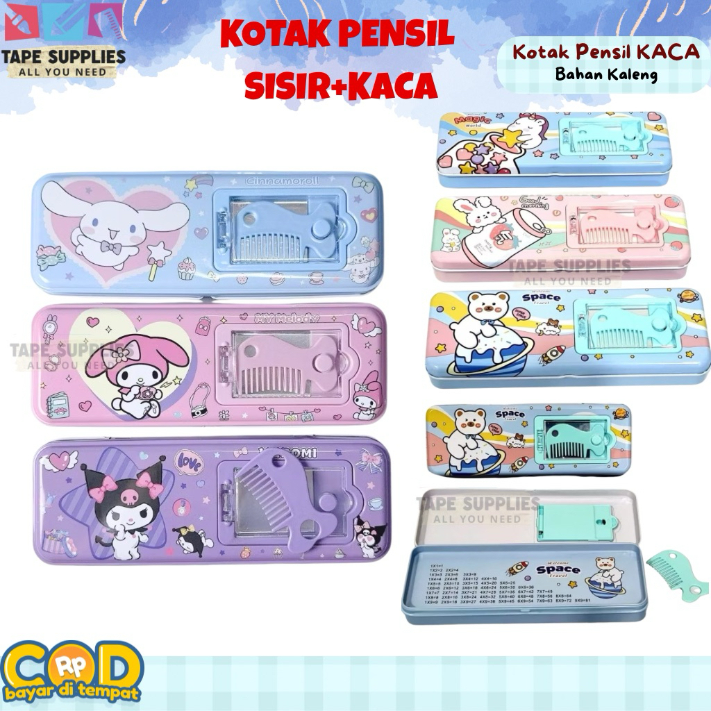 

(FREE KACA DAN SISIR) Pencil Case - Kotak Pensil Kaleng Karakter Lucu dengan Sisir dan Kaca – Model Anak Sekolah
