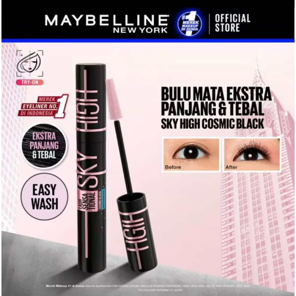 Maybelline Sky High Cosmic Black Easy Wash Mascara 6ml - Maskara Eye Make up Black Bulu Mata Panjang