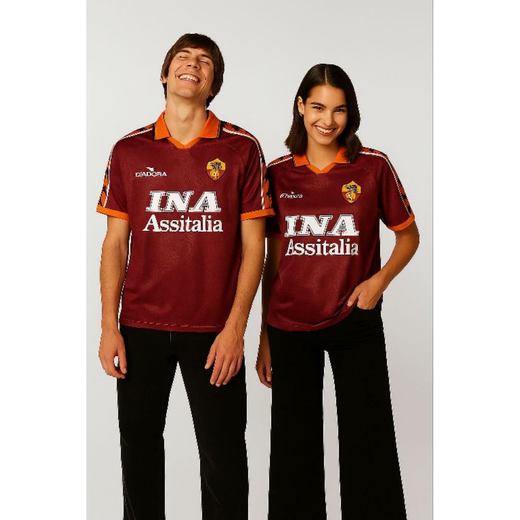 Nefertari Jersey Bola Retro as Roma Candy 1989 – Kaos Bola Vintage Merah Putih Premium Unisex Pria W