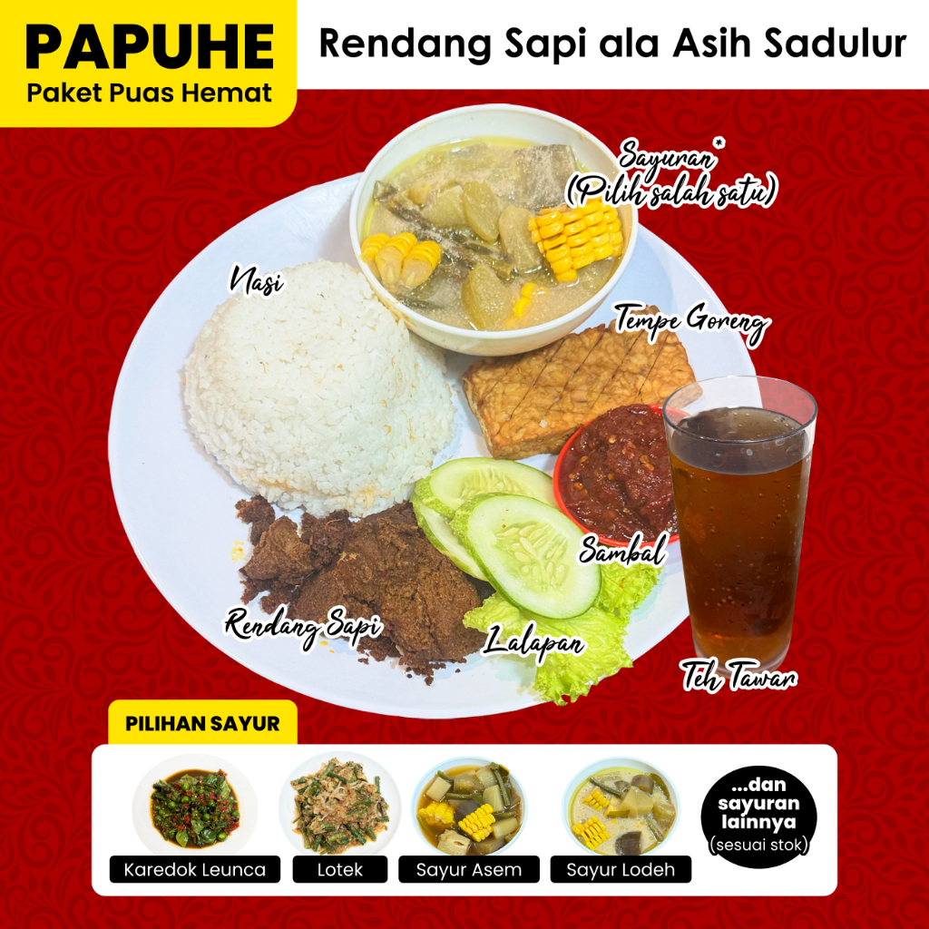 

PAPUHE Rendang Sapi Paket Puas Hemat Nasi Lauk Sayur Sambal Lalapan Teh | Paket Nasi Asih Sadulur