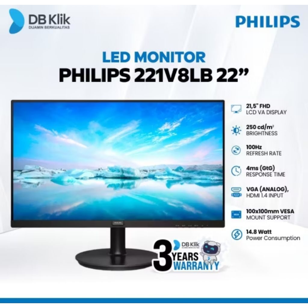 MONITOR PHILIPS 22 INCH 221V8LB FULL HD