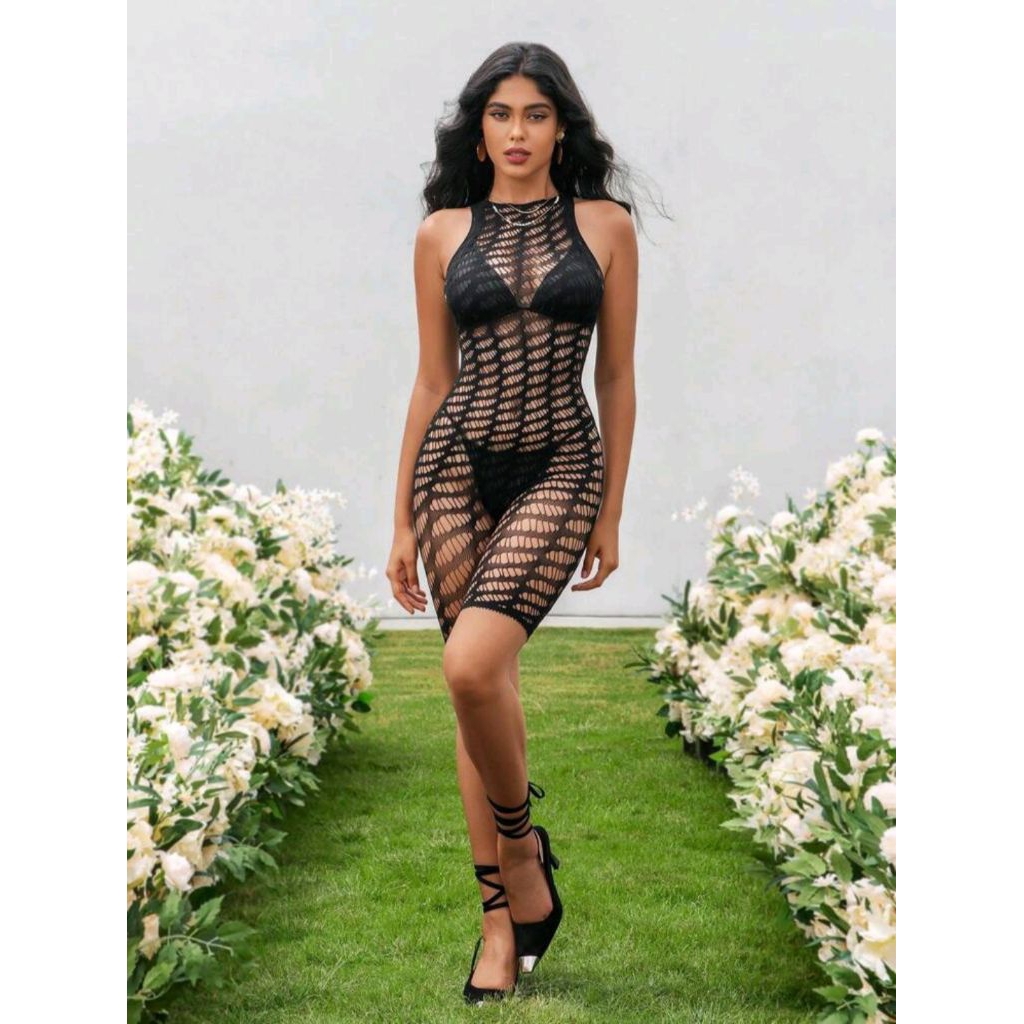 "SHEIN" Hollow Out Fishnet Cover Up Romper Without Lingerie SetBlack/one-size