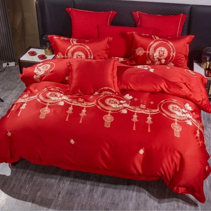 Sprei+Bedcover Chinese Wedding Katun Jepang Motif Suangxi Naga & Hong