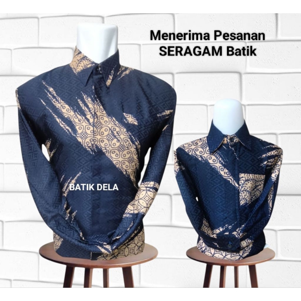kemeja batik lengan panjang Ayah dan anak Abstrak biru Dongker