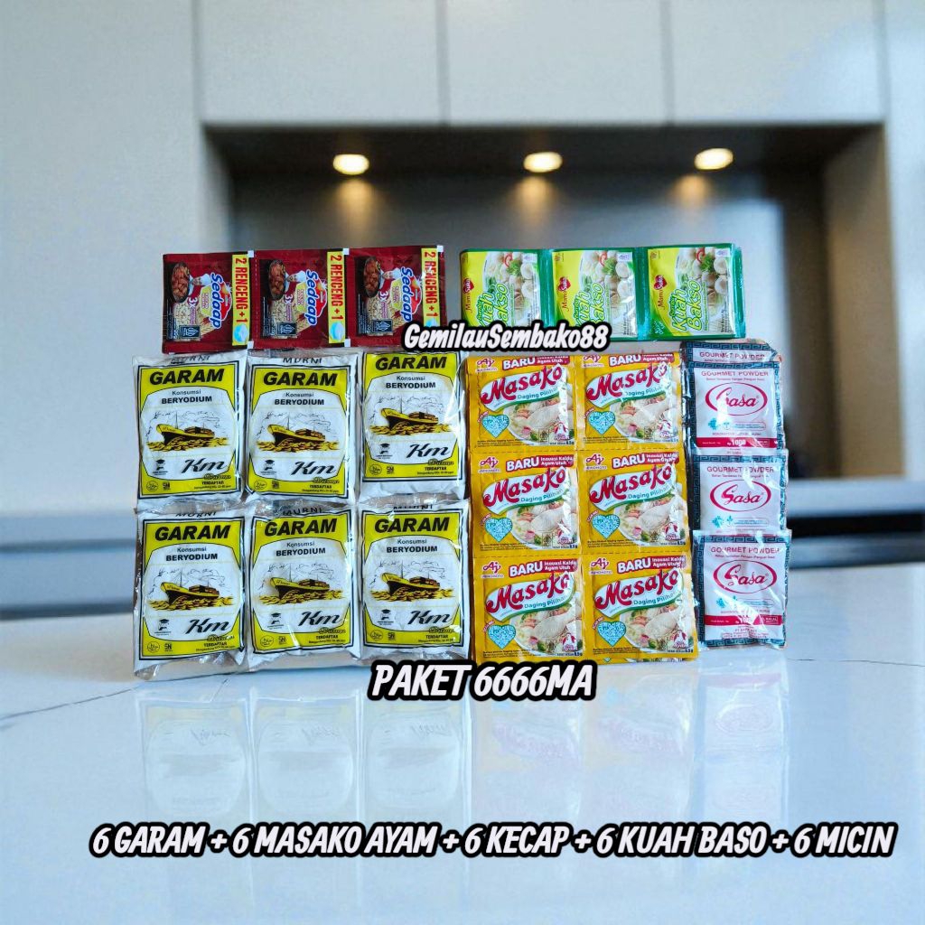 

PAKET BUMBU DAPUR MURNI 25 RIBUAN 6 GARAM 150 + 6 MASAKO / ROYCO / SEDAAP KALDU + 6 KECAP 20 GRAM + 6 KUAH BASO + 6 MICIN 14 GRAM / BUMBU DAPUR / GARAM / GAREM