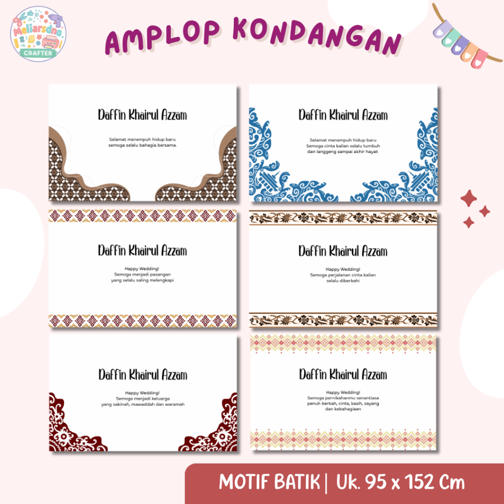 

meliarsdna.craft〡Amplop Kondangan 25 Pcs Custom Tulisan Nama〡Motif Batik〡Ukuran 95 x 152 cm