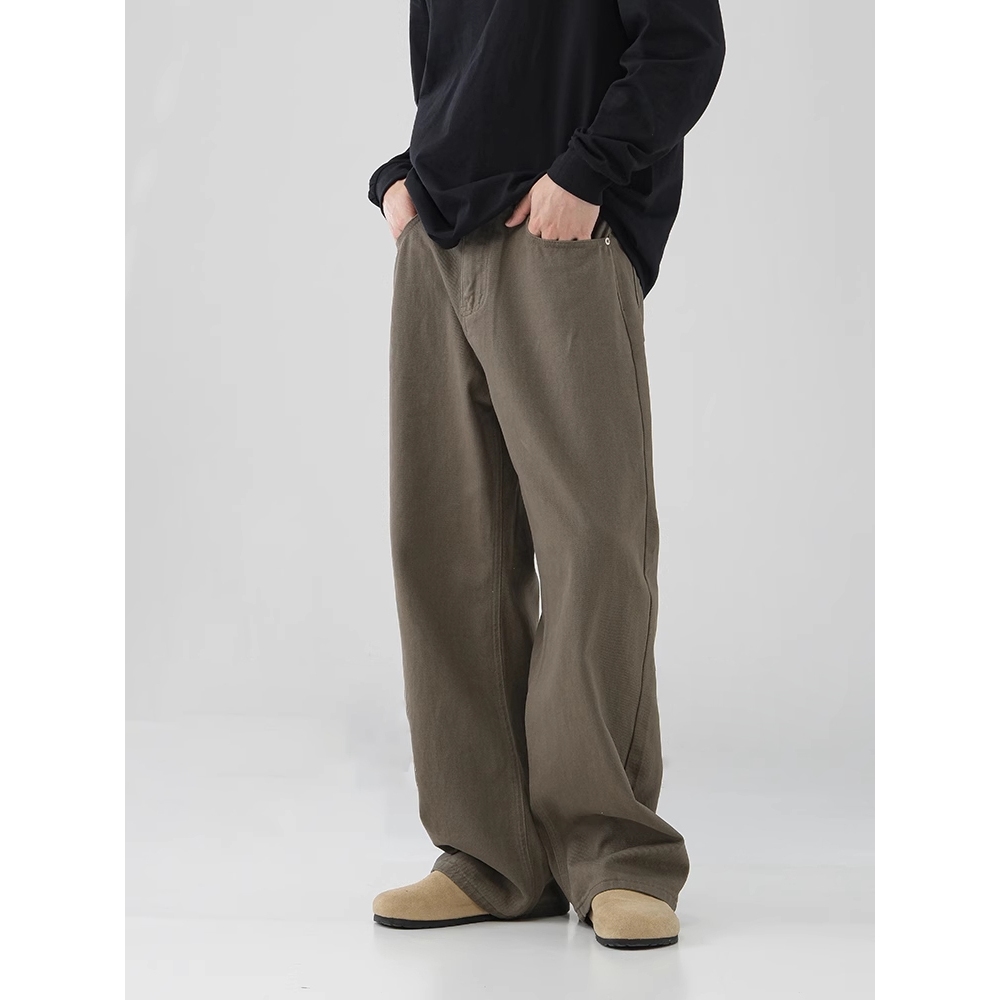 Celana Jeans Pria Korean Street Style - Retro Maroon Polos All Match, Cut Boot Longgar Casual Panjan