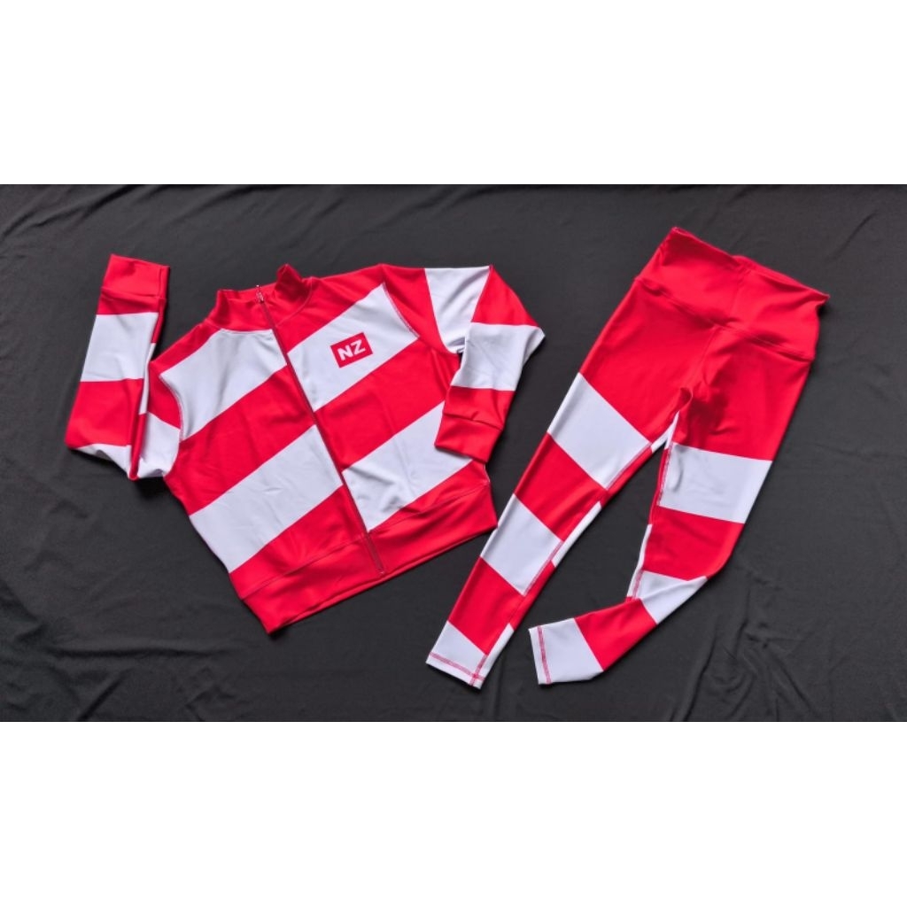 Baju senam berkualitas Nz sport merah putih sport wear jacket and legging wanita