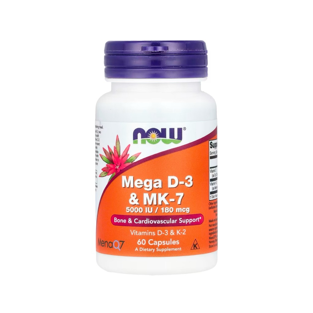 Now Foods Vitamin D3 K2 MK7 Mega D3K2 D3MK7 isi 60 capsules 5000iu