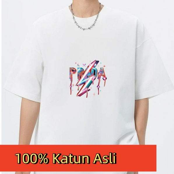 Kaos Pria Oversize dengan Cetakan PRADA Berbentuk Petir, Pengiriman Gratis & COD