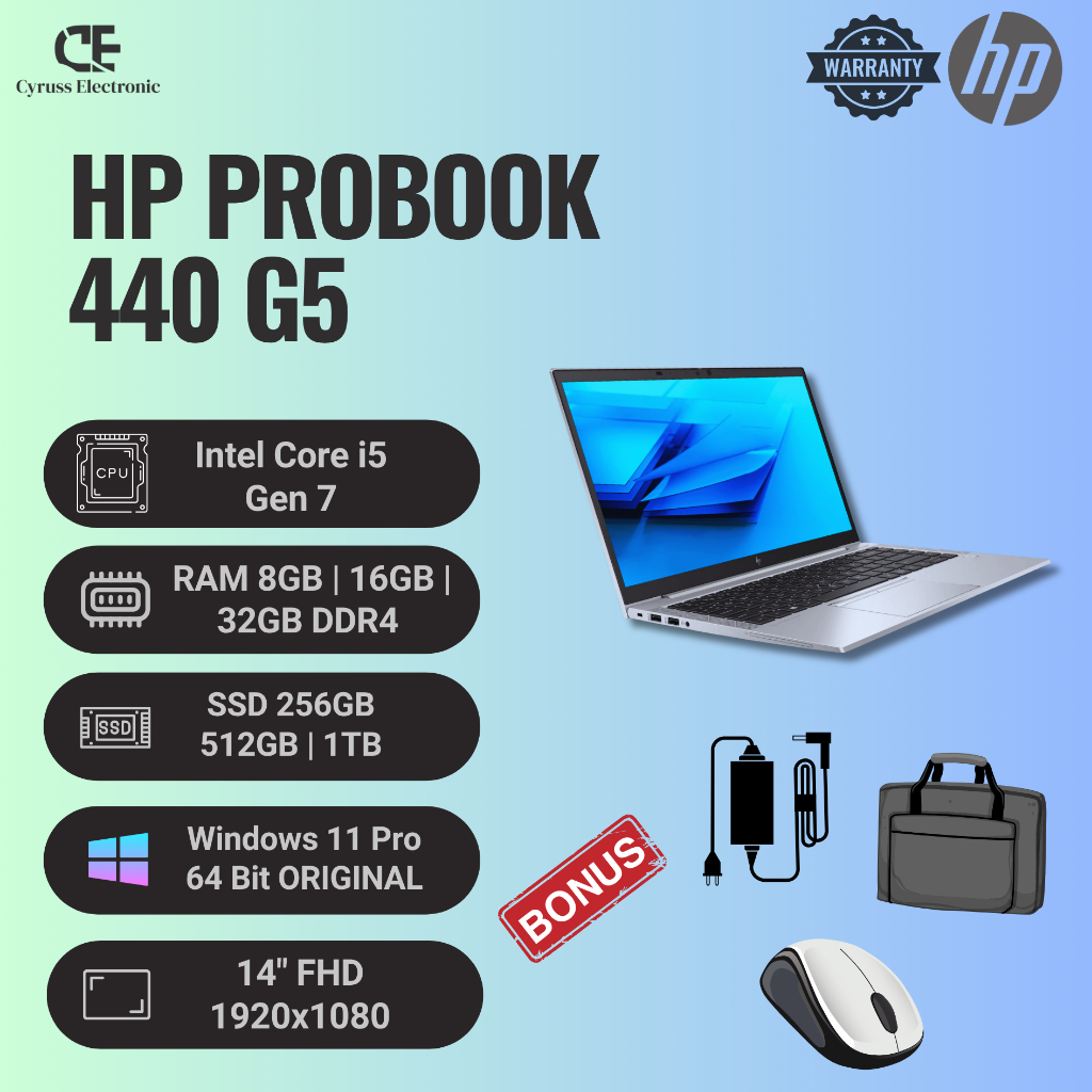 Laptop HP Probook 440 G5 Core i5 Gen 7 RAM 32 GB SSD 1TB Layar 14in  | Second-Bergaransi