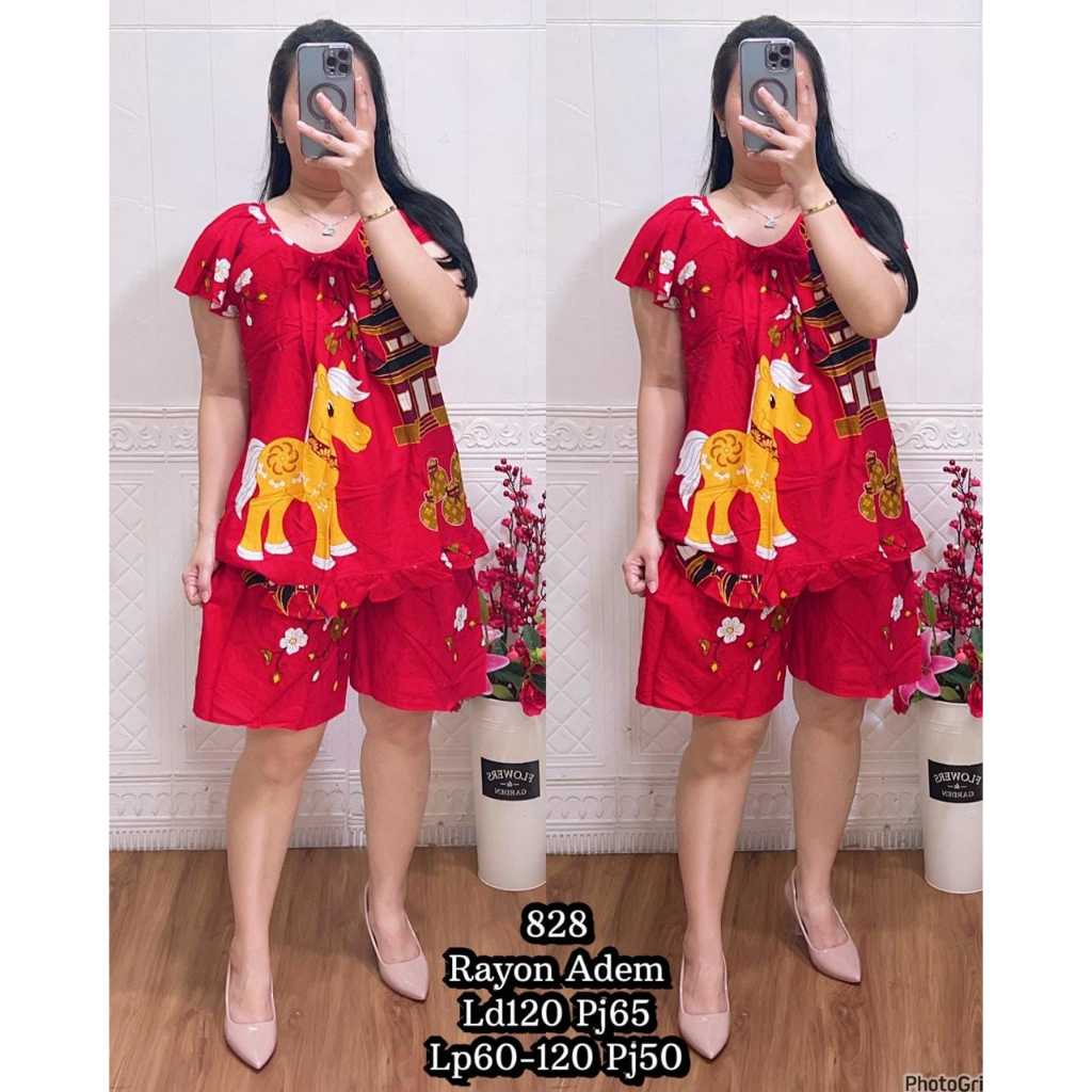 GraciaShop21 Stelan Baju Tidur Tahun Kuda Wanita Dewasa Pakaian Imlek Cina Piyama Perempuan Rayon Bi