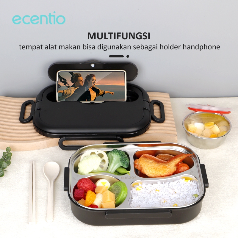 ecentio lunch box 1000ml stainless 304 sekat 4 dan tempat sup kotak makan anti tumpah free sendok su