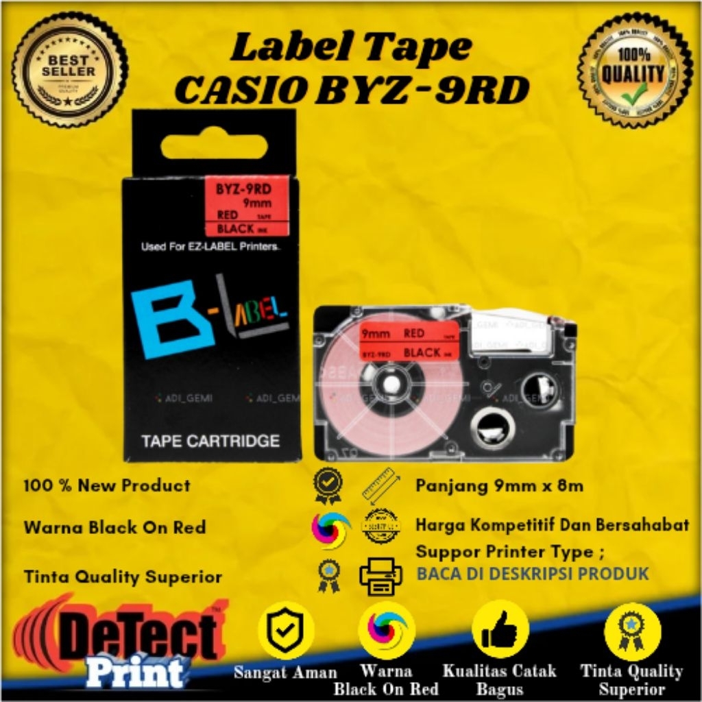 

Label Tape Casio BYZ Black On Red 9mm x 8m Compatible Label Tape BYZ 9RD