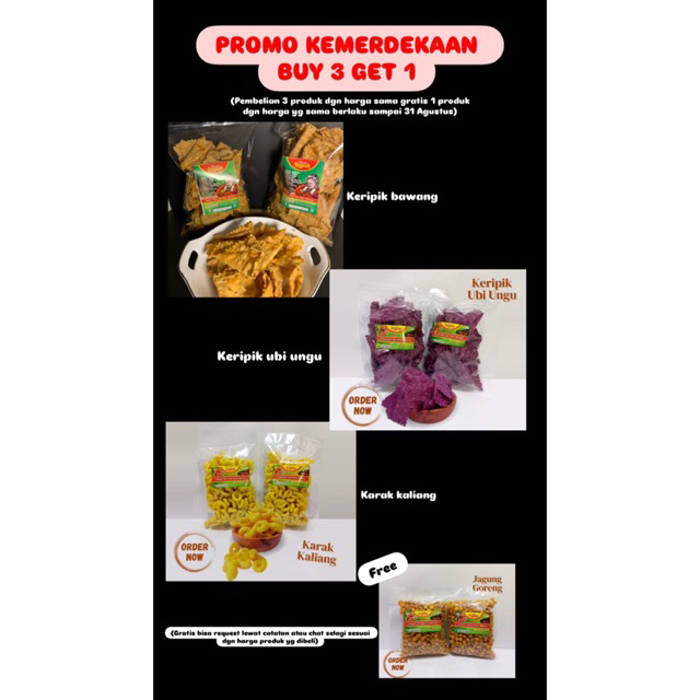 

(PAKET PROMO KEMERDEKAAN PRODUK Harga 10.000)Keripik bawang, Keripik Ubi Ungu, dan Karak Kaliang, Keripik Usaha Inyak