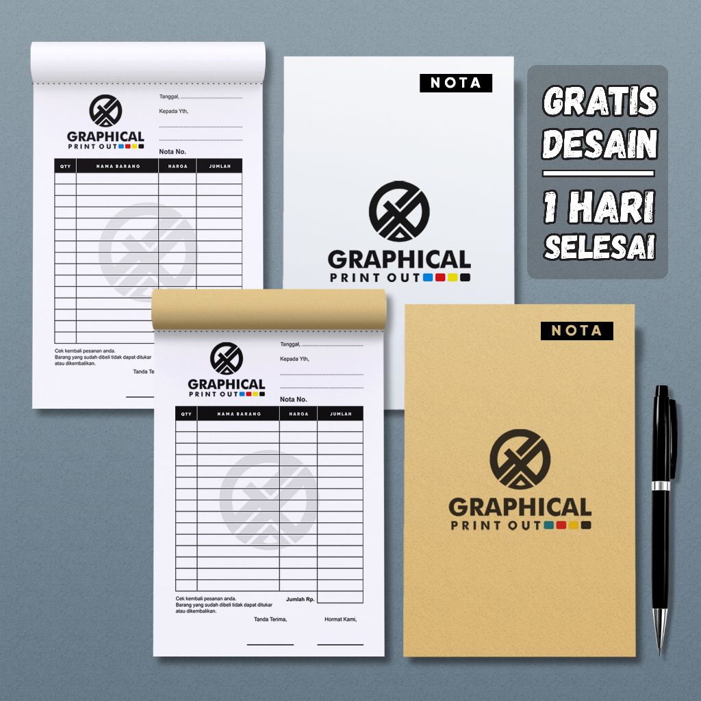

Cetak Satuan Nota/Bon/Kwitansi Custom 1Ply 2Ply 1Rangkap 2Rangkap Ukuran 1/4 folio