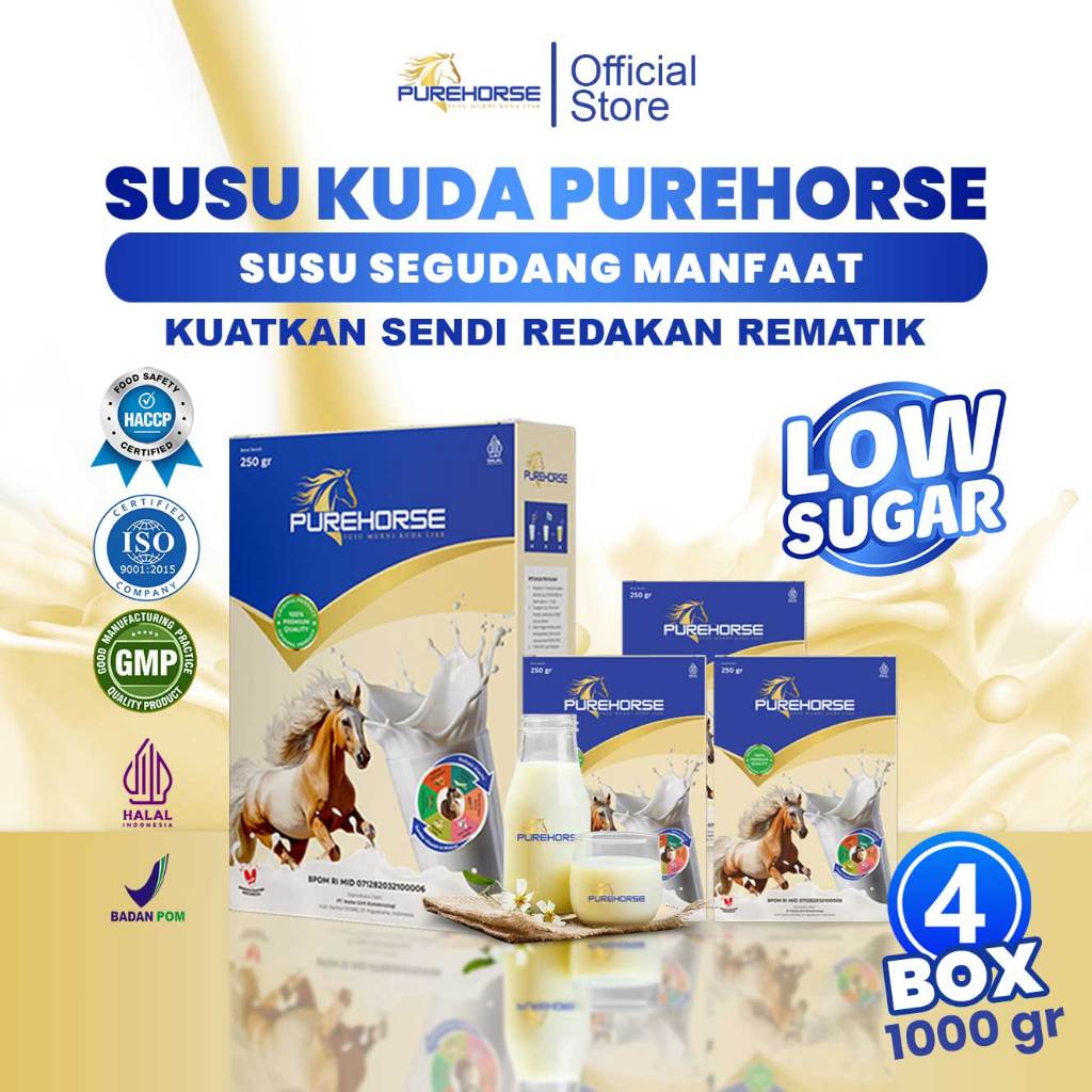 

Purehorse Susu Kuda Liar Sumbawa Asli 100% Kemasan 250gram/Box Paket 4 Lebih Hemat dan Banyak