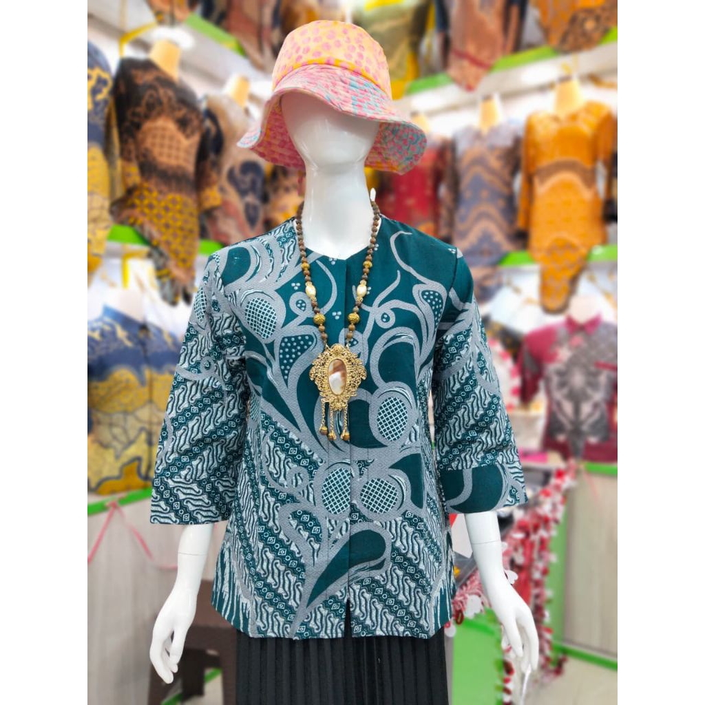 Blouse Batik Atasan Wanita Kerja Qistina Batik Bahan katun model kancing depan motif HIJAUTANGKAI su