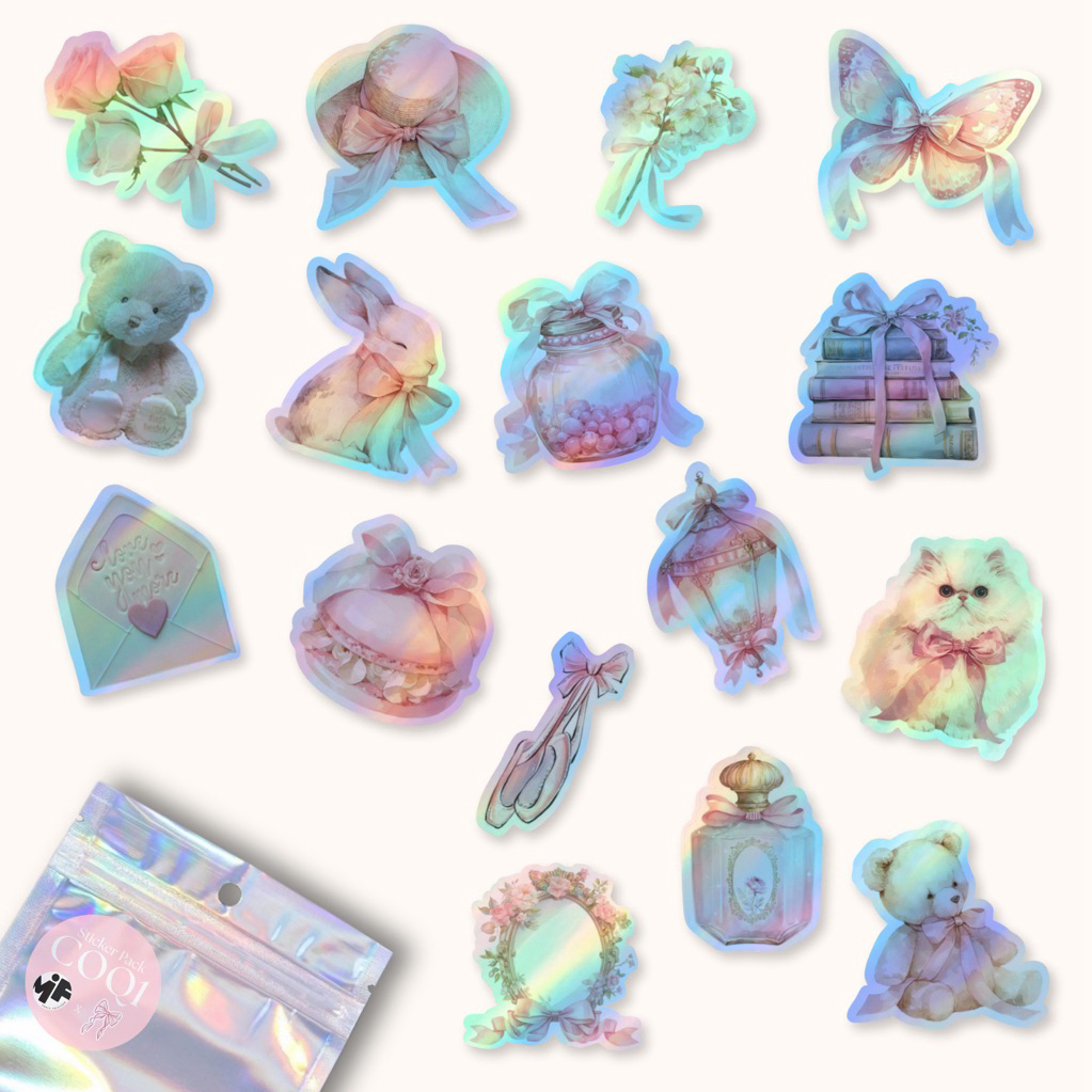 

[1 Pack] Sticker Hologram Coquette Pink Premium Laminasi , Stiker Hologra Coquette Premium Isi Banyak Dekorasi Laptop Tumblr Gitar