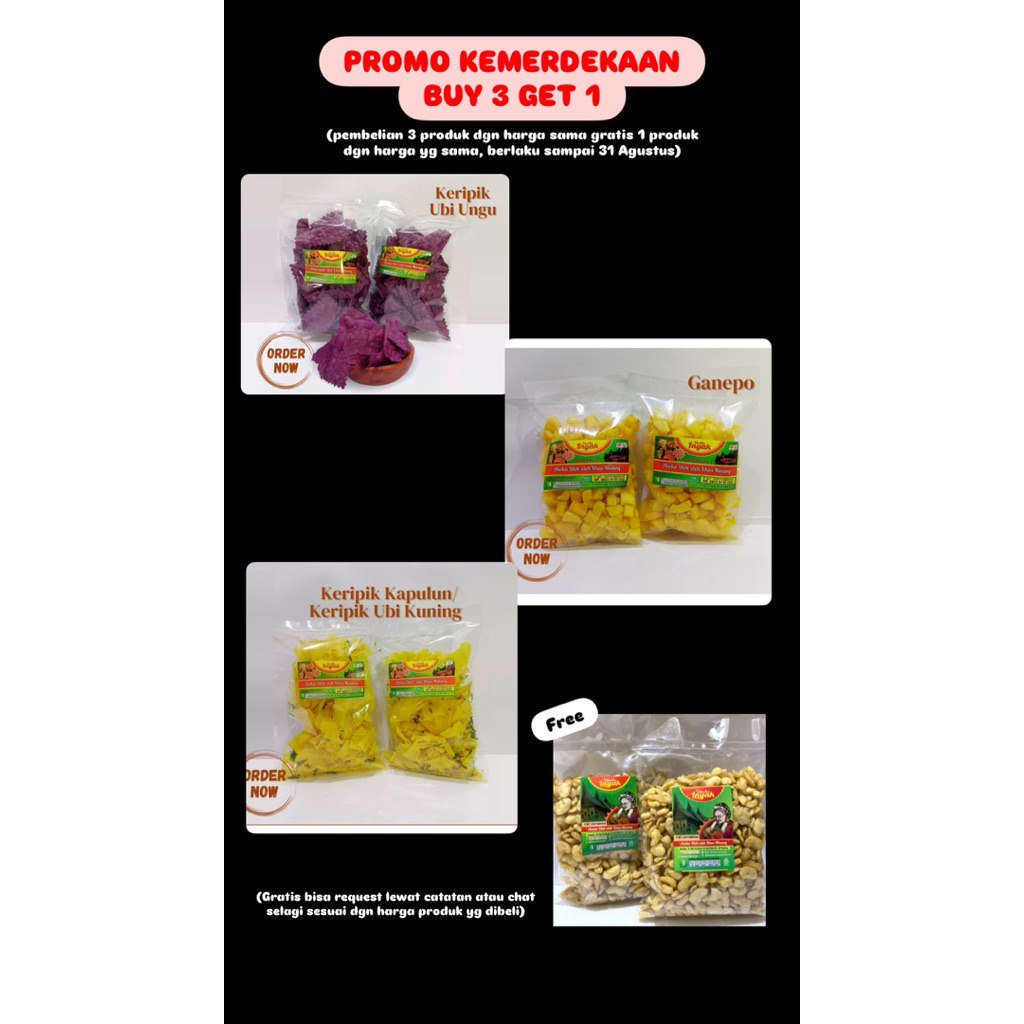 

(PROMO PAKET KEMERDEKAAN PRODUK Harga 10.000) Keripik ubi ungu, Ganepo, Keripik kapulun, Keripik Usaha Inyak