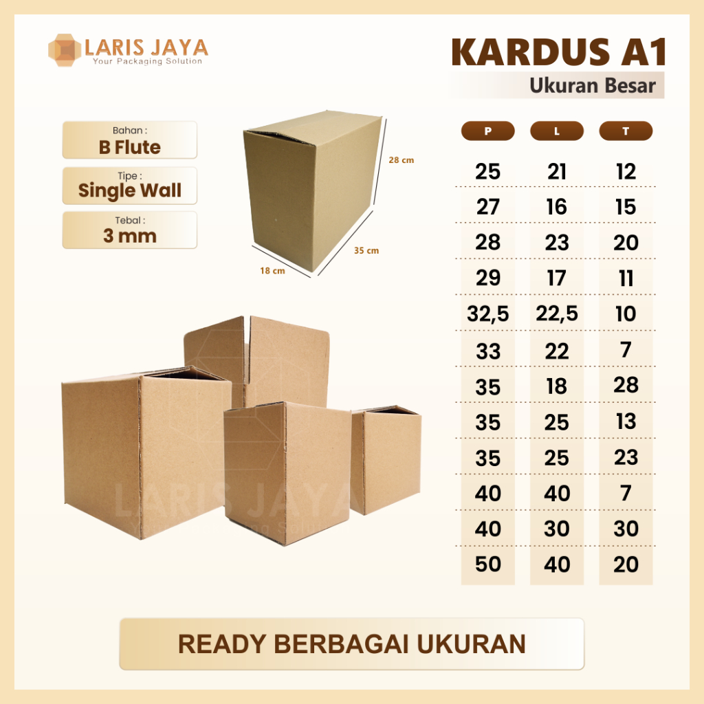 

Box Kardus untuk Packing Baju / Sepatu / Gift Box / Jaket / Hampers / dll - Ukuran A1 Besar & Sedang | Ukuran Kardus 25x21x12 cm hingga 50x40x20 cm | Min. 10 pcs